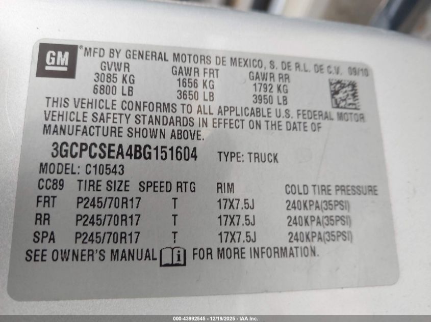 2011 Chevrolet Silverado 1500 Lt VIN: 3GCPCSEA4BG151604 Lot: 43992545