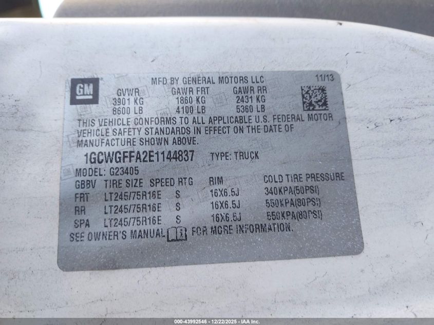 2014 Chevrolet Express 2500 Work Van VIN: 1GCWGFFA2E1144837 Lot: 43992546