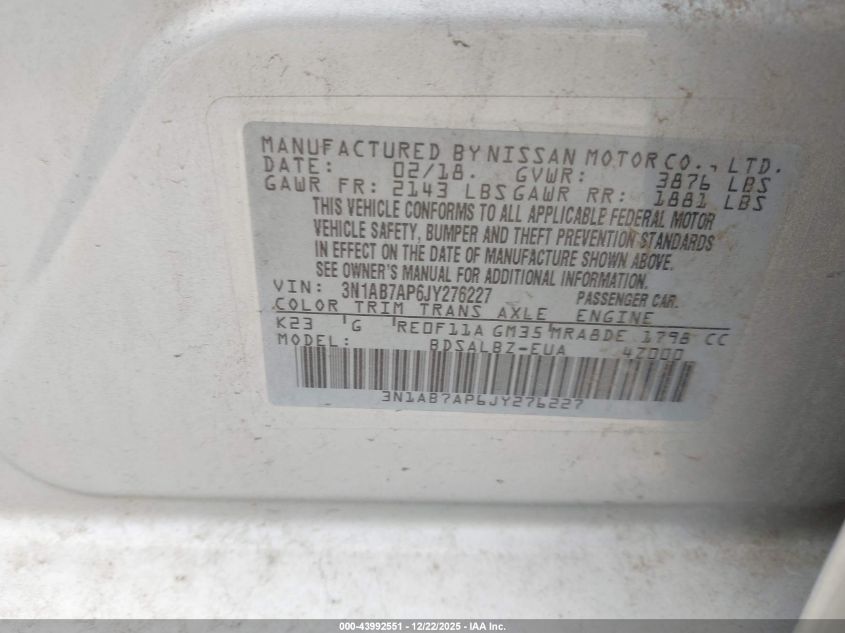 2018 Nissan Sentra VIN: 3N1AB7AT6JY276227 Lot: 43992551