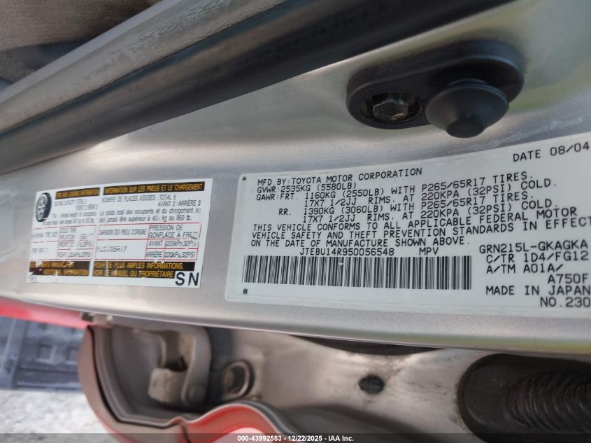 2005 Toyota 4Runner Sr5 V6 VIN: JTEBU14R950056548 Lot: 43992553