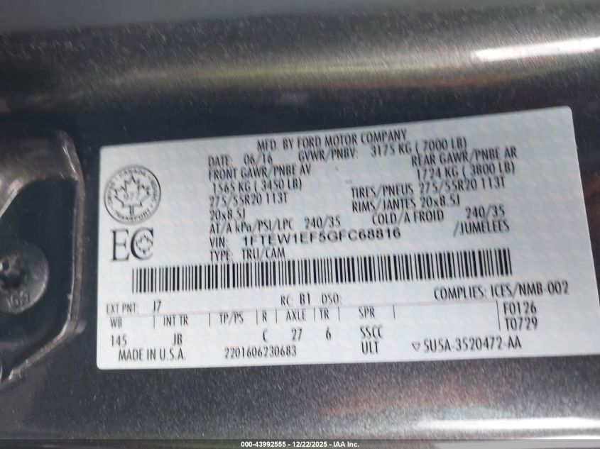 2016 Ford F-150 Xlt VIN: 1FTEW1EF5GFC68816 Lot: 43992555