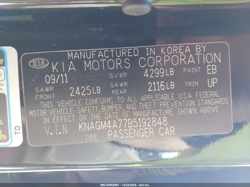 2011 Kia Optima Lx VIN: KNAGM4A77B5192848 Lot: 43992561