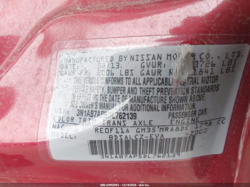 2013 Nissan Sentra S VIN: 3N1AB7AP5DL762139 Lot: 43992563