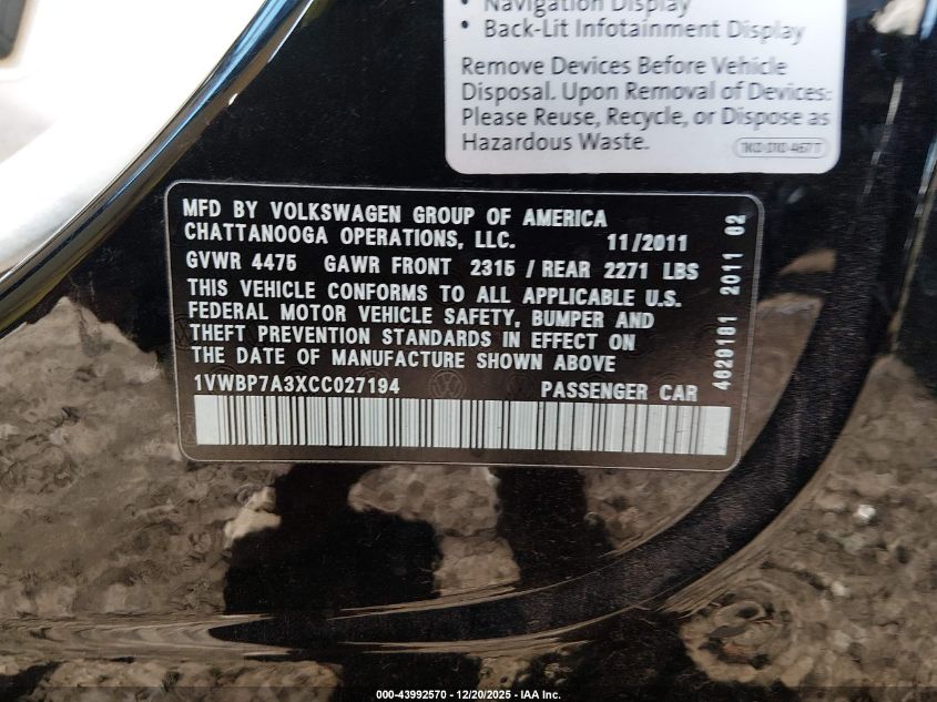 2012 Volkswagen Passat 2.5L Se VIN: 1VWBP7A3XCC027194 Lot: 43992570