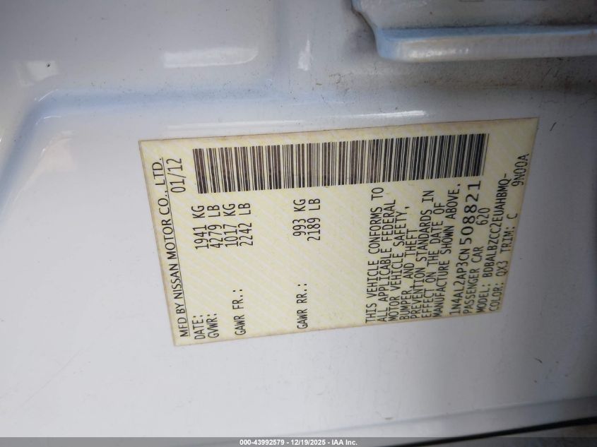 2012 Nissan Altima 2.5 S VIN: 1N4AL2AP3CN508821 Lot: 43992579