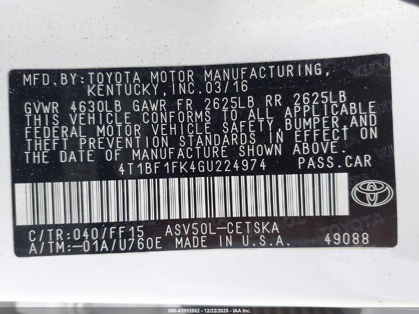 2016 Toyota Camry Se VIN: 4T1BF1FK4GU224974 Lot: 43992582