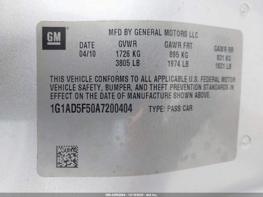 2010 Chevrolet Cobalt Lt VIN: 1G1AD5F50A7200404 Lot: 43992584