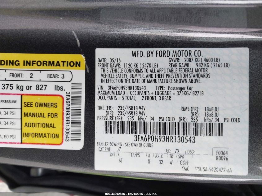 2017 Ford Fusion Se VIN: 3FA6P0H93HR130543 Lot: 43992586