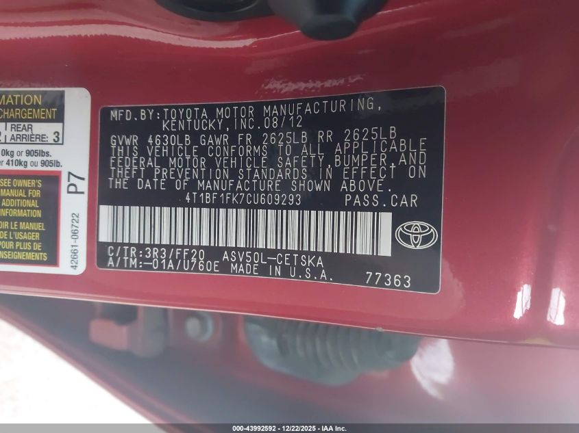 2012 Toyota Camry Se VIN: 4T1BF1FK7CU609293 Lot: 43992592