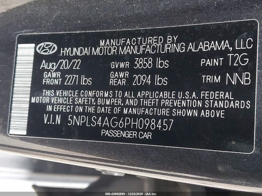 2023 Hyundai Elantra Sel VIN: 5NPLS4AG6PH098457 Lot: 43992599