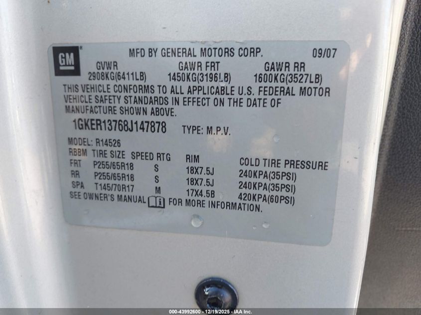 2008 GMC Acadia Sle-1 VIN: 1GKER13768J147878 Lot: 43992600