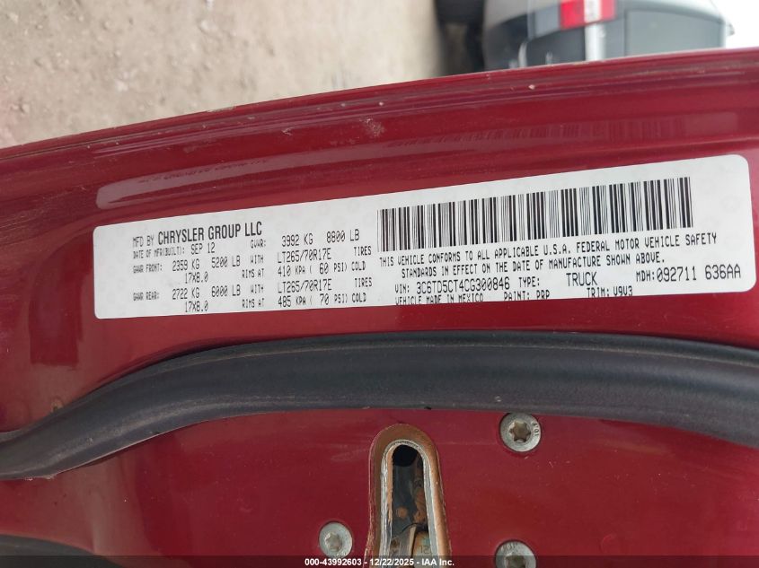2012 Ram 2500 St VIN: 3C6TD5CT4CG300846 Lot: 43992603