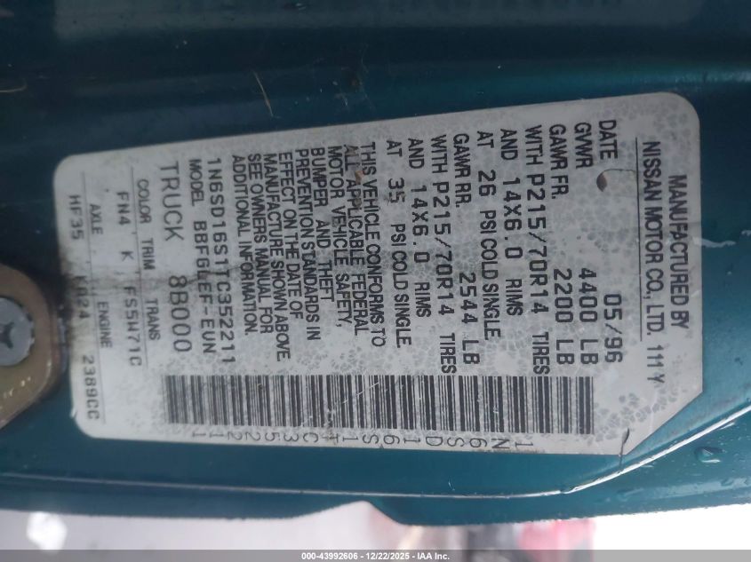 1996 Nissan Truck King Cab Se/King Cab Xe VIN: 1N6SD16S1TC352211 Lot: 43992606