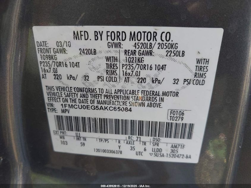 2010 Ford Escape Limited VIN: 1FMCU0EG5AKC65084 Lot: 43992615
