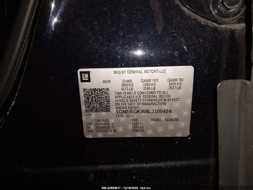 2020 Chevrolet Traverse Fwd Lt Cloth VIN: 1GNERGKW8LJ100424 Lot: 43992617