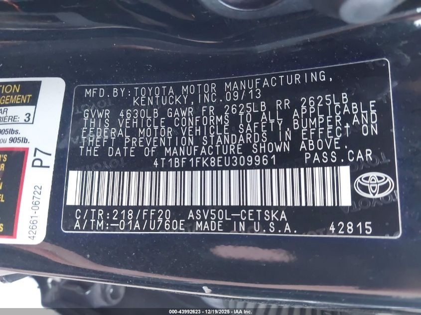 2014 Toyota Camry Se VIN: 4T1BF1FK8EU309961 Lot: 43992623