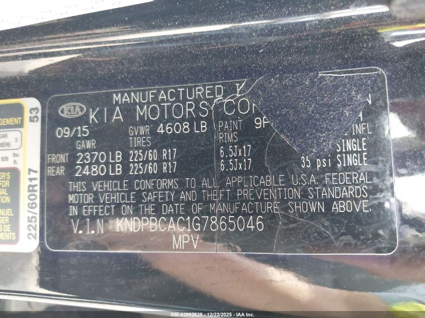 2016 Kia Sportage Lx VIN: KNDPBCAC1G7865046 Lot: 43992625