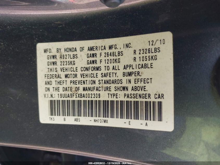 2011 Acura Tl 3.7 VIN: 19UUA9F5XBA002309 Lot: 43992632