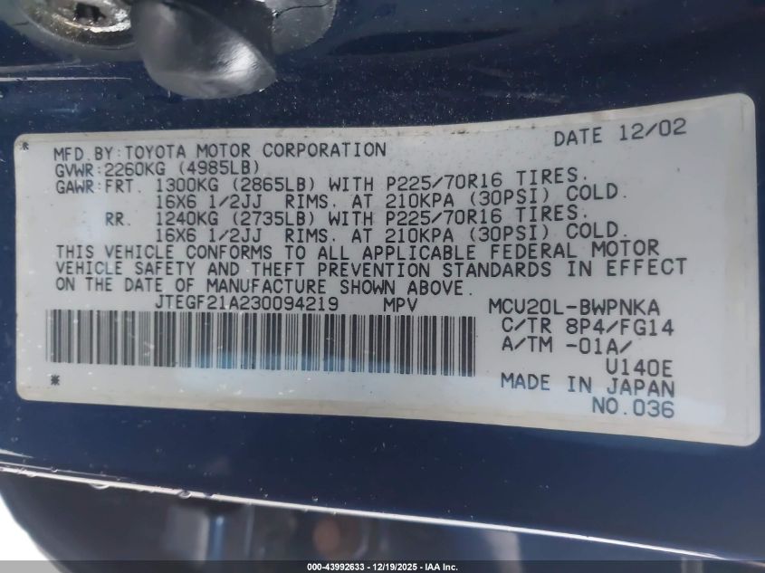 2003 Toyota Highlander V6 VIN: JTEGF21A230094219 Lot: 43992633