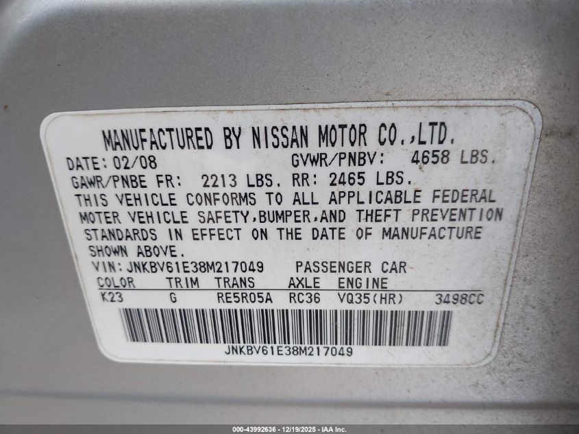 2008 Infiniti G35 Journey VIN: JNKBV61E38M217049 Lot: 43992636