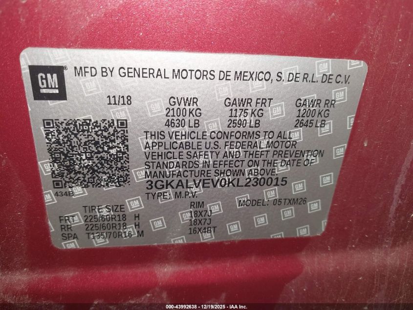 2019 GMC Terrain Slt VIN: 3GKALVEV0KL230015 Lot: 43992638