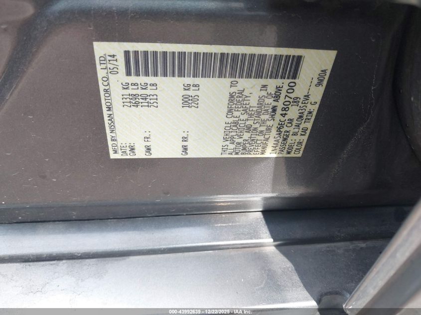 2014 Nissan Maxima 3.5 S/3.5 Sv VIN: 1N4AA5AP6EC480700 Lot: 43992639