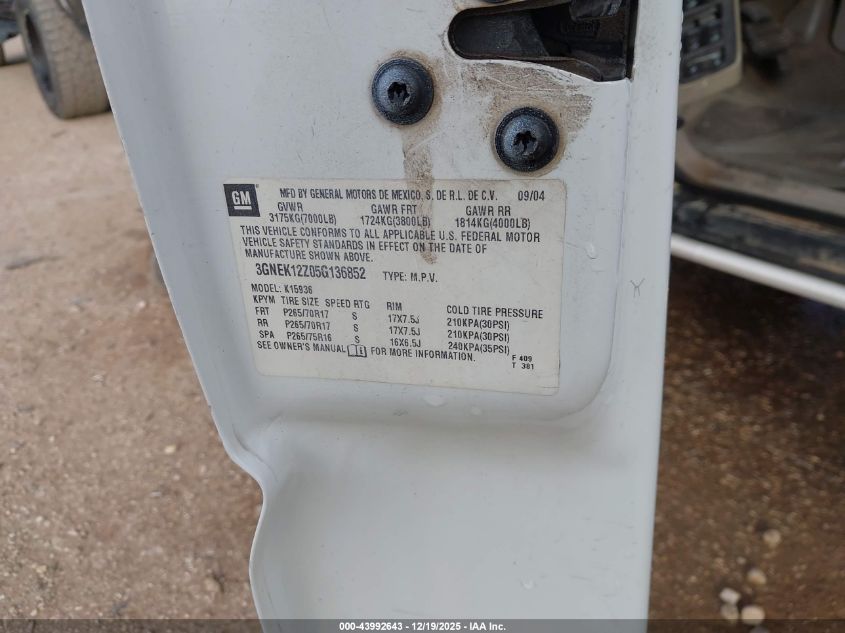 2005 Chevrolet Avalanche 1500 Z71 VIN: 3GNEK12Z05G136852 Lot: 43992643