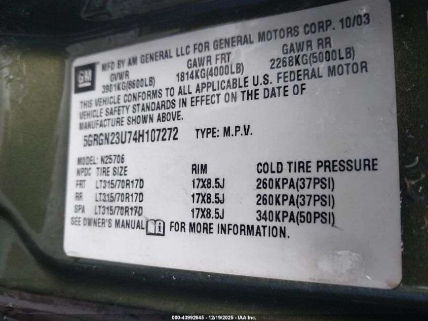 2004 Hummer H2 VIN: 5GRGN23U74H107272 Lot: 43992645