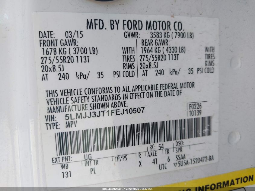 2015 Lincoln Navigator L VIN: 5LMJJ3JT1FEJ10507 Lot: 43992649