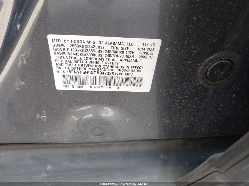 2016 Honda Pilot Touring VIN: 5FNYF6H9XGB047328 Lot: 43992657