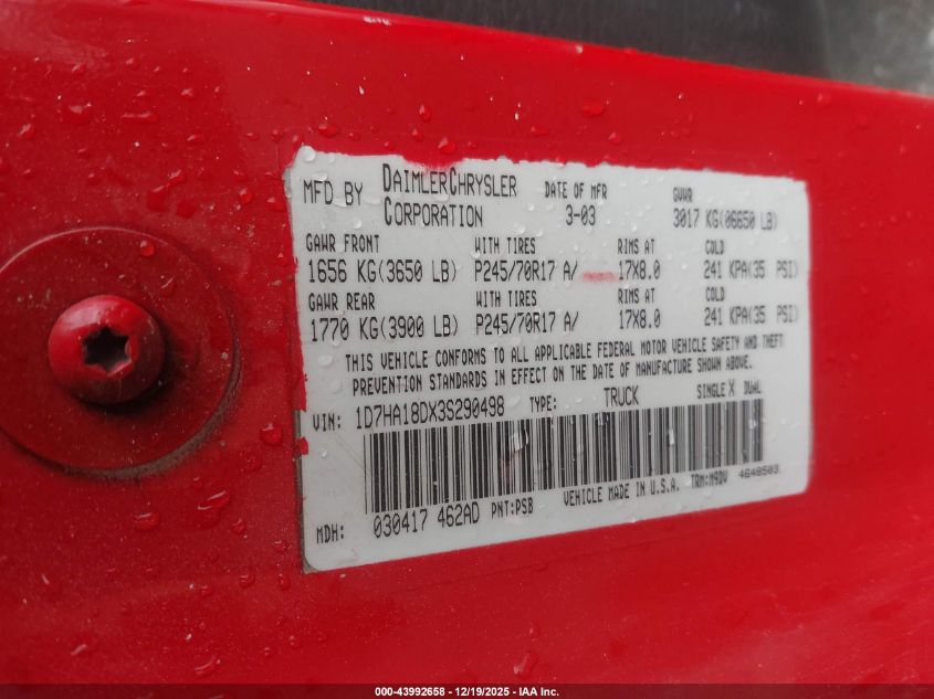 2003 Dodge Ram 1500 Slt/Laramie/St VIN: 1D7HA18DX3S290498 Lot: 43992658