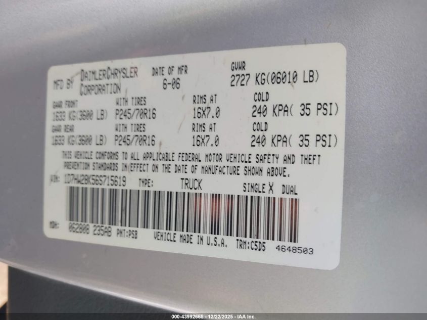2006 Dodge Dakota St VIN: 1D7HW28K56S715619 Lot: 43992665