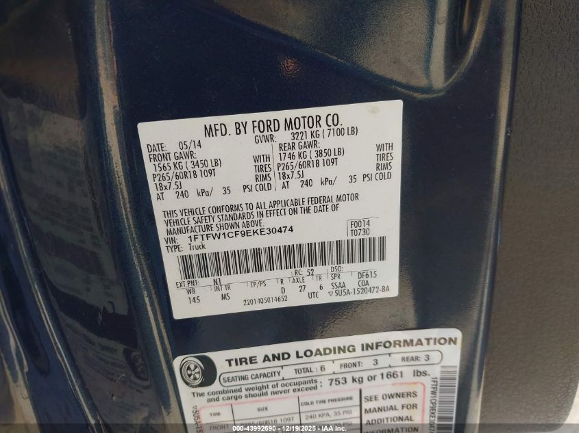 2014 Ford F-150 Xlt VIN: 1FTFW1CF9EKE30474 Lot: 43992690