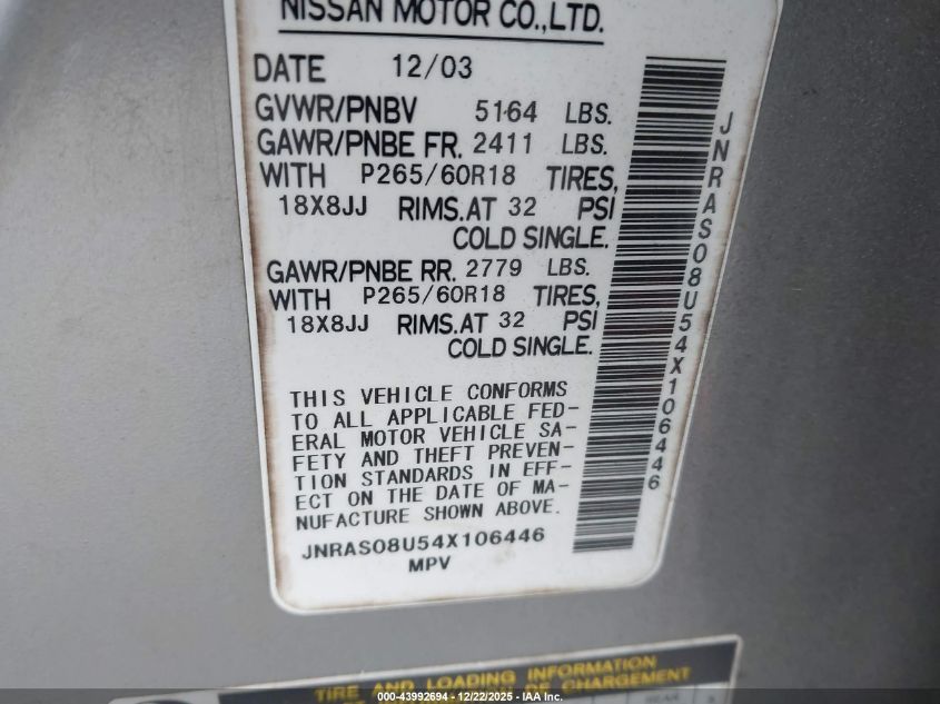 2004 Infiniti Fx35 VIN: JNRAS08U54X106446 Lot: 43992694