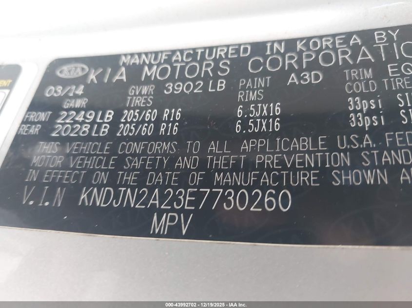 2014 Kia Soul VIN: KNDJN2A23E7730260 Lot: 43992702