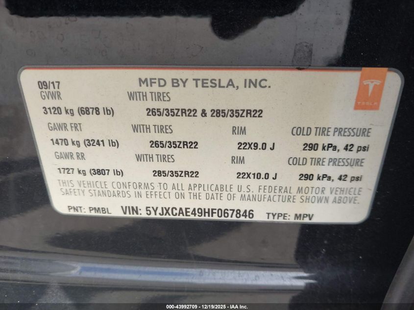 2017 Tesla Model X P100D VIN: 5YJXCAE49HF067846 Lot: 43992709