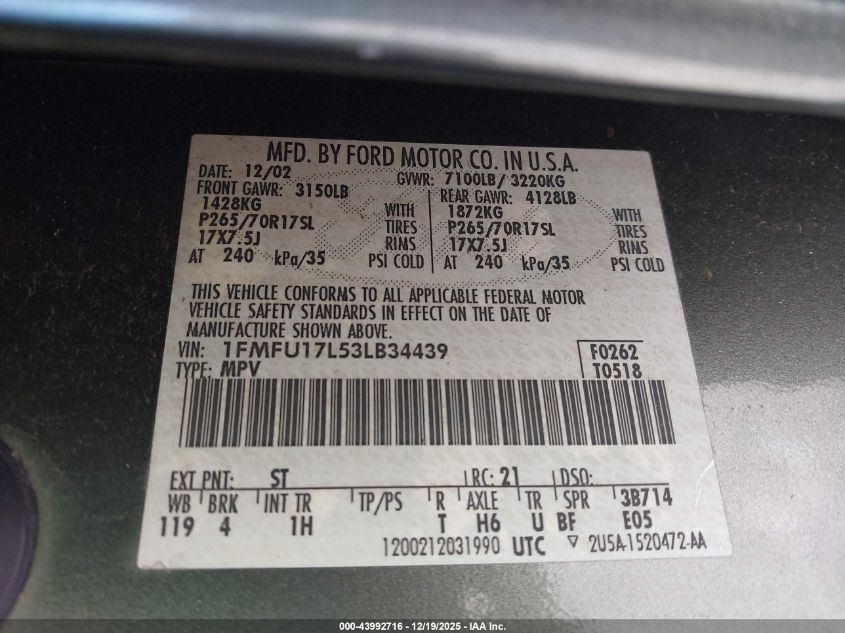 2003 Ford Expedition Eddie Bauer VIN: 1FMFU17L53LB34439 Lot: 43992716