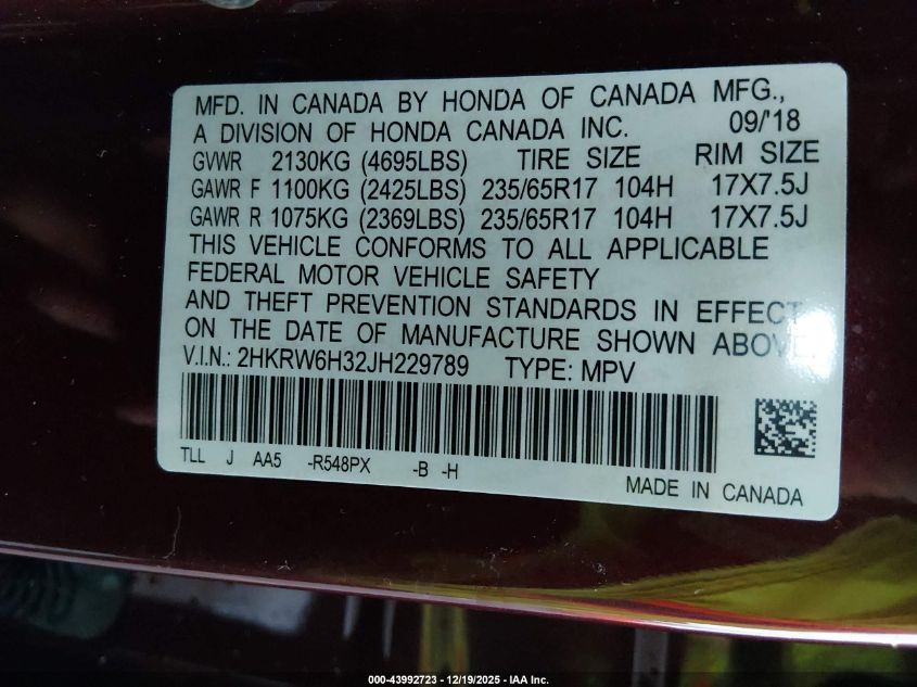 2018 Honda Cr-V Lx VIN: 2HKRW6H32JH229789 Lot: 43992723