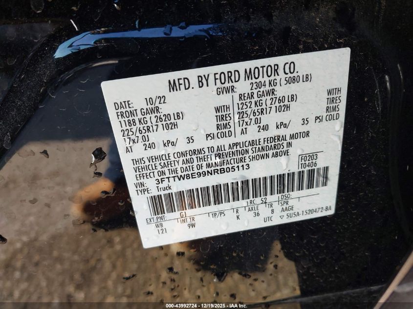 2022 Ford Maverick Xl VIN: 3FTTW8E99NRB05113 Lot: 43992724