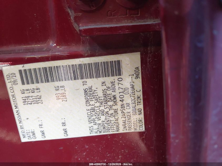 2011 Nissan Altima 2.5 S VIN: 1N4AL2AP5BN401770 Lot: 43992730