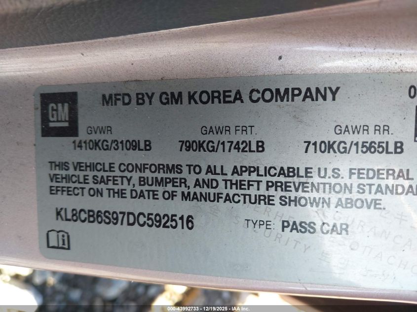 2013 Chevrolet Spark Ls Auto VIN: KL8CB6S97DC592516 Lot: 43992733