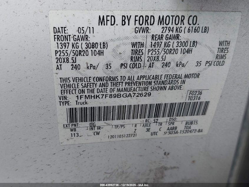 2011 Ford Explorer Limited VIN: 1FMHK7F89BGA72629 Lot: 43992736