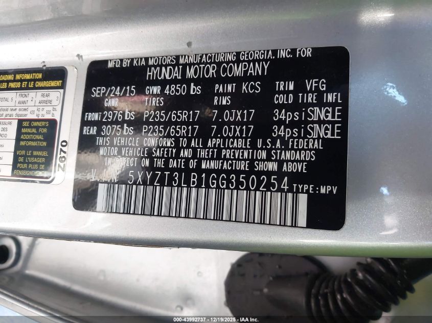 2016 Hyundai Santa Fe Sport 2.4L VIN: 5XYZT3LB1GG350254 Lot: 43992737