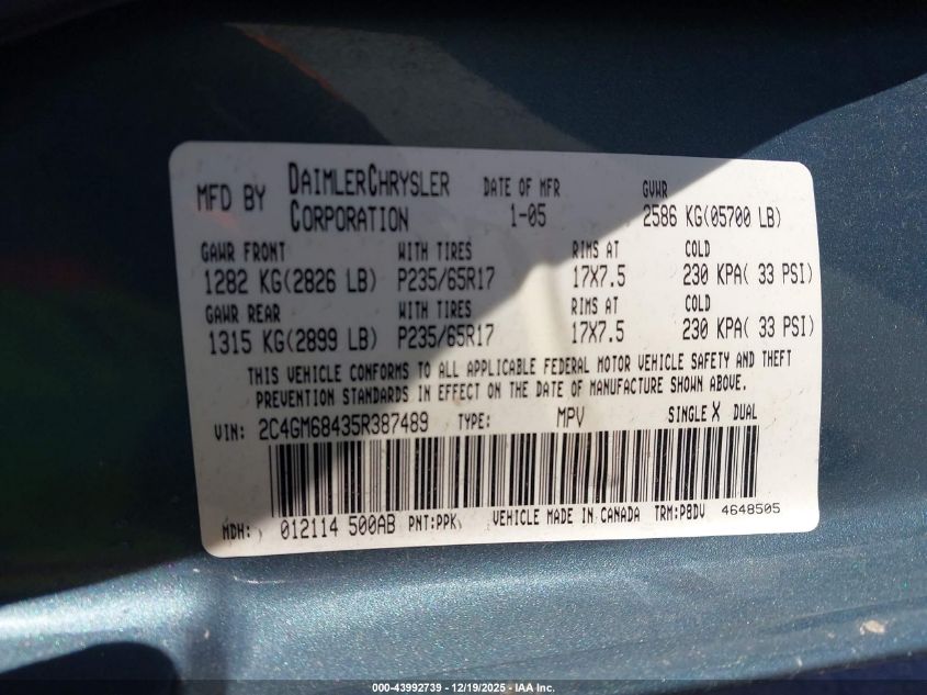 2005 Chrysler Pacifica Touring VIN: 2C4GM68435R387489 Lot: 43992739