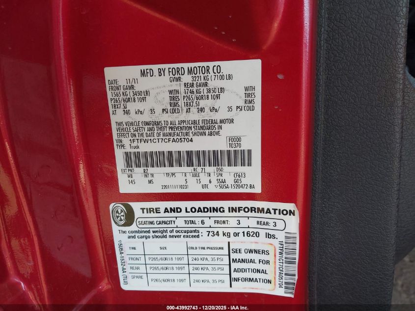 2012 Ford F-150 Xlt VIN: 1FTFW1CT7CFA05704 Lot: 43992743