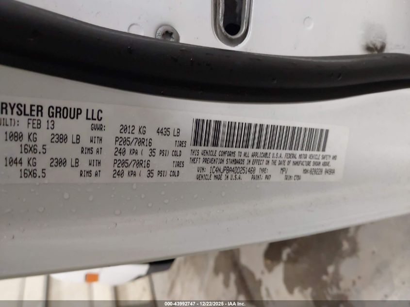 2013 Jeep Patriot Sport VIN: 1C4NJPBA4DD251460 Lot: 43992747