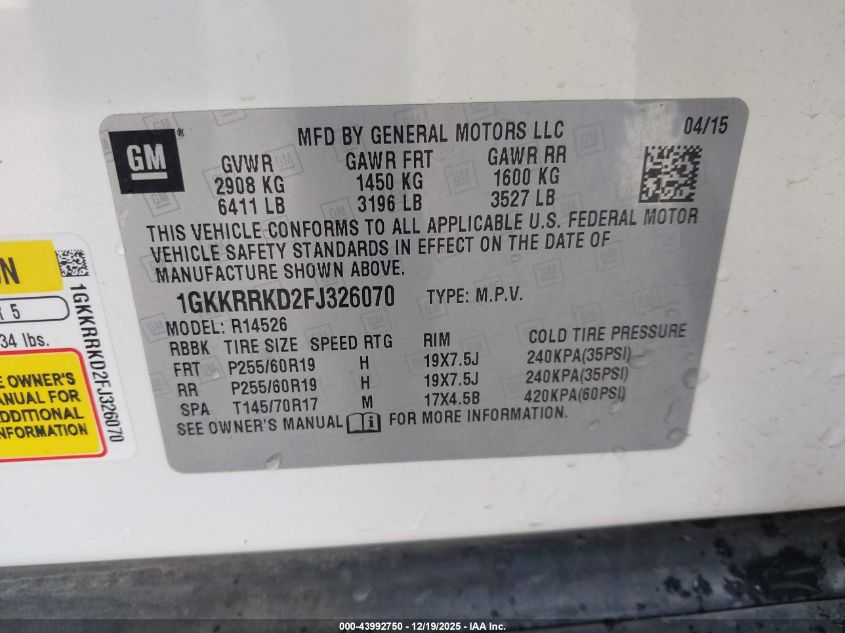 2015 GMC Acadia Slt-1 VIN: 1GKKRRKD2FJ326070 Lot: 43992750
