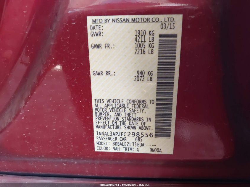 2015 Nissan Altima 2.5 S VIN: 1N4AL3AP2FC298556 Lot: 43992751