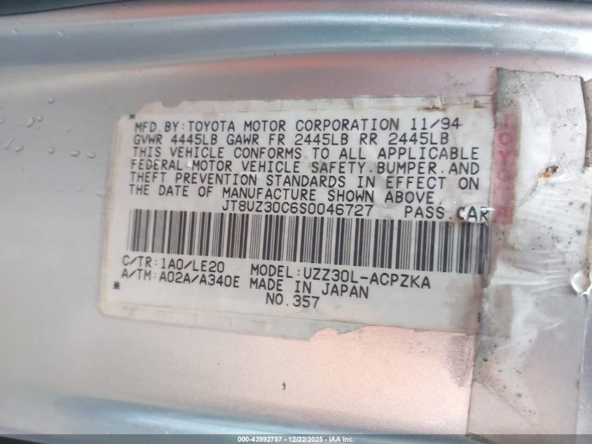 1995 Lexus Sc 400 VIN: JT8UZ30C6S0046727 Lot: 43992757