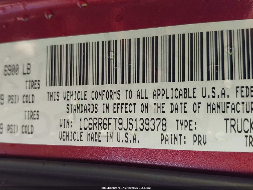 2018 Ram 1500 Express 4X2 6'4 Box VIN: 1C6RR6FT9JS139378 Lot: 43992770